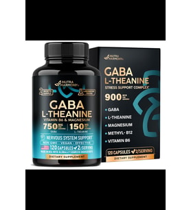 NUTRAHARMONY  GABA L-Theanine 900 mg - Made in USA - Magnesium  Vitamin B6 - Calm, Sleep, Relaxation & Mood Support - Gamma AminoButyric Acid, L-Theanine - Non-Habit Forming, Vegan - 120 Capsul (Renksiz)