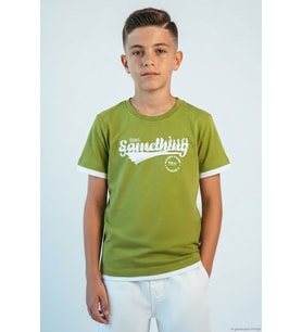 Breeze Erkek Çocuk Kısa Kollu Katmanlı Tişört Kabartmalı Yazı Baskılı 8-14 Yaş , Yağ Yeşili
