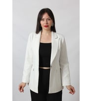 1906 Beyaz Çizgili Fermuarlı Cep Aksesuarlı  Kadın Büyük Beden Blazer Ceket