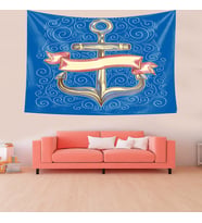 Gemici Denizci Çapa Desen Leke Tutmaz Kadife Dokulu Kumaş Duvar Örtüsü Duvar Halısı Tapestry (Mavi)