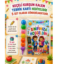 Okula Yeni Başlayan Öğrencilere Sınıfımıza Hoş geldin Yazılı Hediye Seti 5 Adet Keçeli Kalem Tebrik Kartı Hediyeli