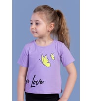 Toontoy Kız Çocuk Kelebek Baskılı Taş İşlemeli Tişört (Lila)