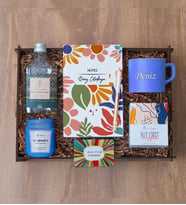  Dekoratif Ahşap Kutulu & 7 Farklı Model Kişiye Özel Hediye Seti, Defter,Kalem, Fincan, Kolonya, Mum, (Leylak)