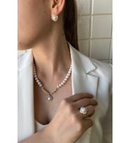 Rüzgar Gülü Doğal İnci Küpe Kolye Yüzük Üçlü Set (Sarı)