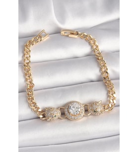 Pirinç Gold Renk Zirkon Taşlı Leopar Figür Zincir Model Kadın Bileklik - TJ-BB6828