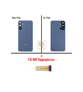 Samsung Galaxy A15 Mavi Renk Uyumlu Lensli Arka Kapak + B7000 Yapıştırıcı Arka Cam Batarya Kapağı Pil Kapağı Lazer Kesim Back Cover Galaxy A15 Uyumlu