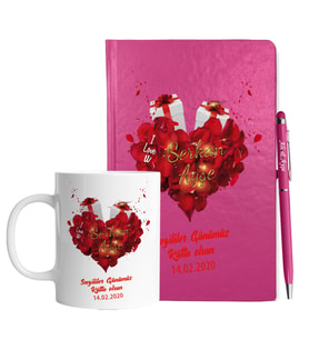 Sevgililer Gününe Özel Pembe Defter Kalem & Kupa Hediye Seti 34