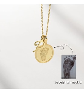 Kişiye Özel 925 Ayar Gümüş Bebek Ayak İzi Fotoğraflı Harf Kolye (Gold)