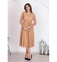 Neşeli butik kadın camel kuşaklı kruvaze yaka astarlı dantel elbise RSSN31