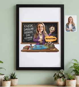 Kişiye Özel Karikatürlü Kadın Öğretmen Siyah Çerçeve Öğretmenler Günü Hediyesi