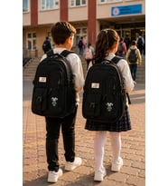 Tavşanlı Siyah Lüks Ergonomik Okul Sırt Çantası 4 Gözlü Öğrenci Günlük Çantası 45x28x15 cm