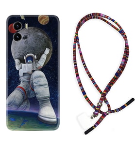 Vivo Y15S Y32 Y33S Y51 Y53S Kılıf Boyun Asklı Rasta Silikon Astronot ve Dünya 1759