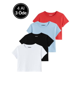 Kadın 4'lü Paket Oversize Crop Tişört %100 Pamuk Bisiklet Yaka T-Shirt
