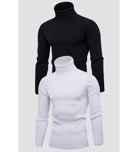 Unisex 2’li Hazır Paket Siyah - Beyaz Balıkçı Yaka Kaşkorse Şardonlu Slimfit Boğazlı Kazak