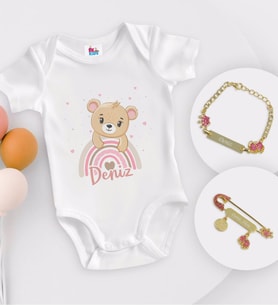 BK Kids Kişiye Özel İsimli Beyaz Bebek Body Zıbın Kız Bebek Künyesi ve İğnesi Hediye Seti-6