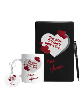 Sevgililer Gününe Özel Siyah Defter Kalem Kupa & Süblimasyon Anahtarlık Hediye Seti 4