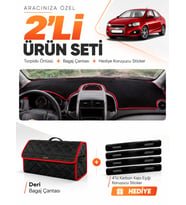 CHEVROLET AVEO T300 (2011-2015) Uyumlu Torpido Örtüsü + Deri Bagaj Çantası + Sticker Seti - Siyah Kırmızı