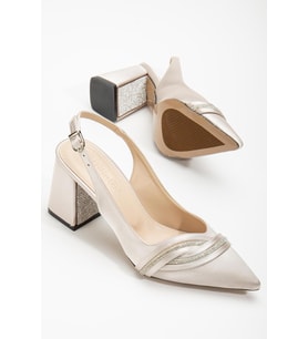 Saten Baretli Taşlı Bej Büyük Numara Kadın Ayakkabı Topuklu Abiye