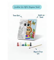 Sevimli Baykuş Temalı Çocuk Boyama Tuvali – Şövalesiz Eğitici Boyama Seti 20x20 cm