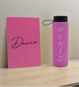 BK Gift Kişiye Özel İsimli Pembe Defter ve Cam Matara Hediye Seti-1, Sevgiliye Hediye, Arkadaşa Hediye, Yeni İş Hediyesi