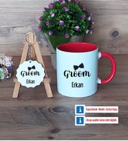 Groom Kupa Bardak Kırmızı ve Ahşap Anahtarlık Hediye (Model 1)
