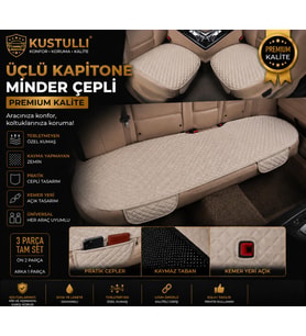 Kuştulli Terletmeyen kapitone oto koltuk minderi 3'lü set Cepli Model (Krem)