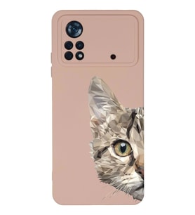 Xiaomi Poco X4 Pro Uyumlu Lansman Kılıf Catface Tasarımlı İçi Kadife Kapak-Pudra (Şeffaf)
