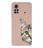 Xiaomi Poco X4 Pro Uyumlu Lansman Kılıf Catface Tasarımlı İçi Kadife Kapak-Pudra (Şeffaf)