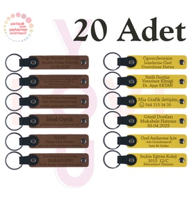 A Kahve & Sarı, Yaratıcı Tasarım Atölyesine Hatıra, 20’li Set, Kişiye Özel Yazılı Deri Anahtarlık