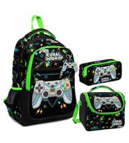 Coral High Erkek Çocuk Üç Gözlü İlkokul Çanta Seti - Siyah Fosforlu Yeşil Gamer Desenli