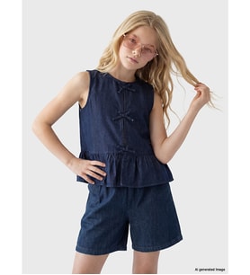 LCW Kids Lacivert Fiyonk Detaylı Kız Çocuk Peplum Jean Bluz