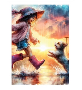 Lastik Çizmeli Çocuk Ve Köpek Art Mdf Poster