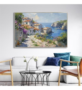 Yağlı Boya Dokulu Tablo Modern Spatula Akdeniz Evleri Manzarası Gümüş Çerçeveli U06040