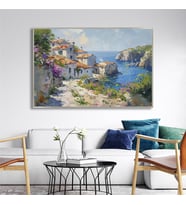 Yağlı Boya Dokulu Tablo Modern Spatula Akdeniz Evleri Manzarası Gümüş Çerçeveli U06040