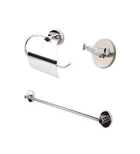 Krom Üçlü Banyo Seti Düz Havluluk Kapaklı Kağıtlık Bornoz Askısı Yapışkanlı & Vidalı Montaj