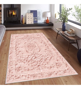 Pembe Osmanlı Motifler Eskitme Yıkanabilir Kaymaz Taban Leke Tutmaz Modern Salon Halısı ve Yolluk