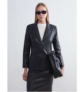 LCWAIKIKI Classic Siyah Kadın Deri Görünümlü Blazer Ceket