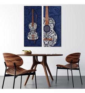 2'li Mandala Desenli Keman Ve Gitar Temalı Kanvas Tablo-Lacivert Müzik Odası Duvar Dekoru - 30x70 cm