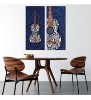 2'li Mandala Desenli Keman Ve Gitar Temalı Kanvas Tablo-Lacivert Müzik Odası Duvar Dekoru - 30x70 cm