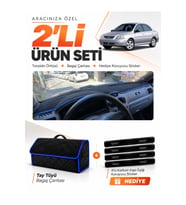 KİA RİO (2000-2005) Uyumlu Torpido Örtüsü + Tay Tüyü Bagaj Çantası + Sticker Seti - Siyah Mavi