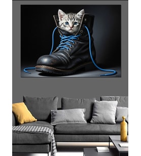 Bot İçinde Duran Sevimli Kedi Dekoratif Kanvas - Mdf Ahşap Tablo