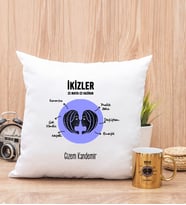 Kişiye Özel İkizler Burcuna Hediye Kare Yastık ve Gold Kupa