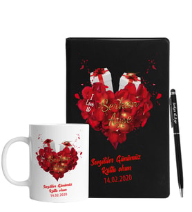 Sevgililer Gününe Özel Siyah Defter Kalem & Kupa Hediye Seti 32