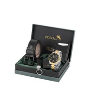Polo Air Mercek Takvimli Erkek Kol Saati Cüzdan Kemer Çakmak Anahtarlık Gold Gümüş Siyah Renk PL-7078E11 (Siyah-Gümüş-Altın)