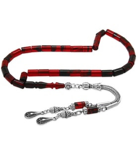 Ateş Kehribar Tesbih - Kararmaz Metal Damla Püsküllü - Kırmızı Siyah - Mini Boy - Kesme Kesim (STD)
