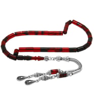 Ateş Kehribar Tesbih - Kararmaz Metal Damla Püsküllü - Kırmızı Siyah - Mini Boy - Kesme Kesim (STD)