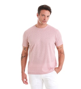 Hatemoğlu Pembe Regular Fit Jakarlı Bisiklet Yaka Keten Tişört