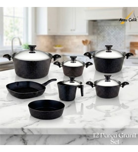 ARZU ÇELİK 12 Parça Granit Set Çelik Kapak - Siyah