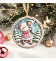 Yılbaşı Çam Ağacı Süsü - 3D Tasarımlı UV Baskılı - Noel Baba ve Çocuklu