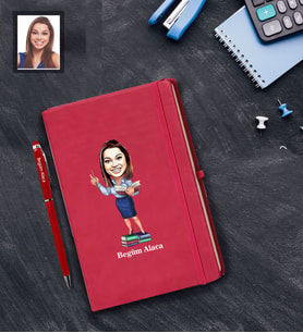 Kişiye Özel Öğretmen Karikatürlü  Kırmızı Defter Kalem Hediye Seti Bayan-19